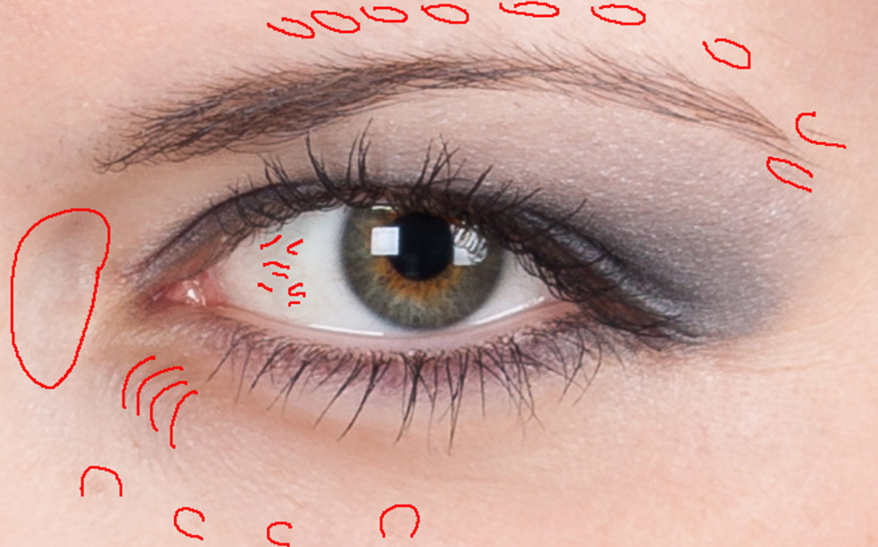 Ukázka retušování v okolí oka - snímek co je nutné retušovat.